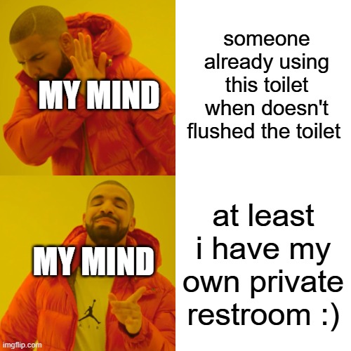 for real | someone already using this toilet when doesn't flushed the toilet; MY MIND; at least i have my own private restroom :); MY MIND | image tagged in memes,drake hotline bling | made w/ Imgflip meme maker