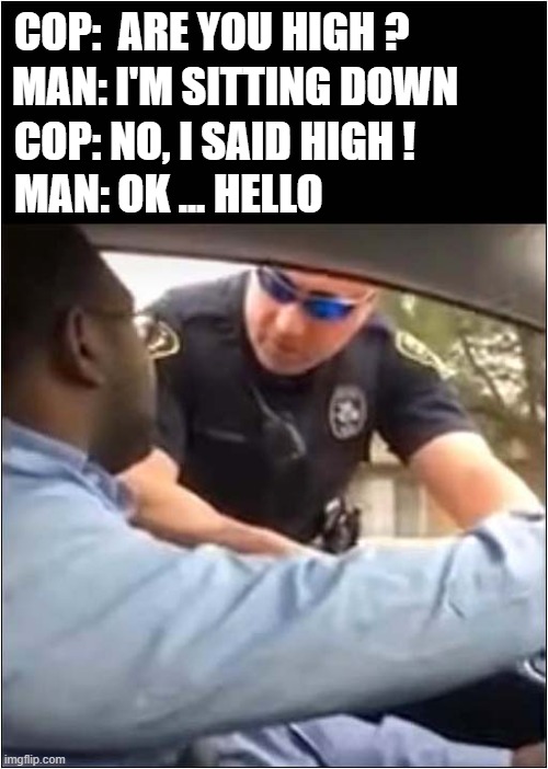 What A Polite/Stoned Driver ! | COP:  ARE YOU HIGH ? MAN: I'M SITTING DOWN; COP: NO, I SAID HIGH ! MAN: OK ... HELLO | image tagged in police,polite,stoned,driver,hello | made w/ Imgflip meme maker