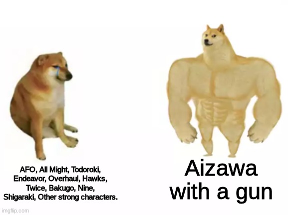 Aizawa can solo his own verse | Aizawa with a gun; AFO, All Might, Todoroki, Endeavor, Overhaul, Hawks, Twice, Bakugo, Nine, Shigaraki, Other strong characters. | image tagged in buff doge vs cheems reversed | made w/ Imgflip meme maker