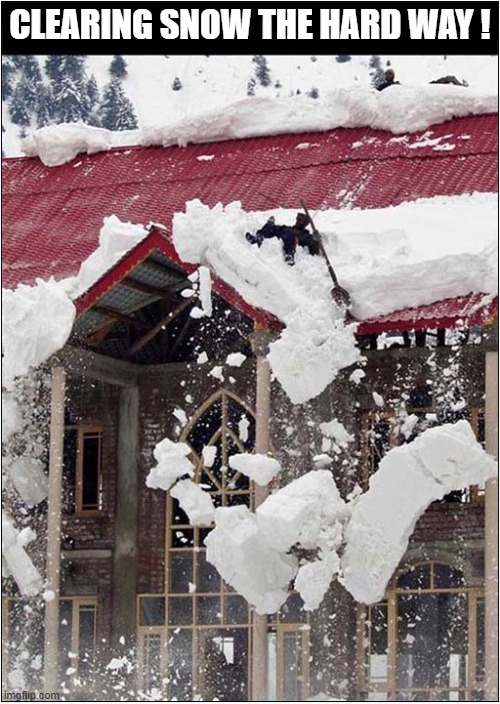 Weeeee ... Oh Sh*t ! | CLEARING SNOW THE HARD WAY ! | image tagged in snow,roof,falling,dark humour | made w/ Imgflip meme maker