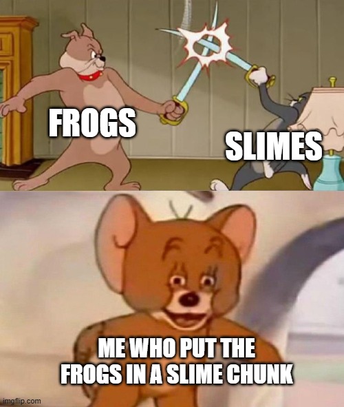 minecraft lol | FROGS; SLIMES; ME WHO PUT THE FROGS IN A SLIME CHUNK | image tagged in tom and jerry swordfight | made w/ Imgflip meme maker