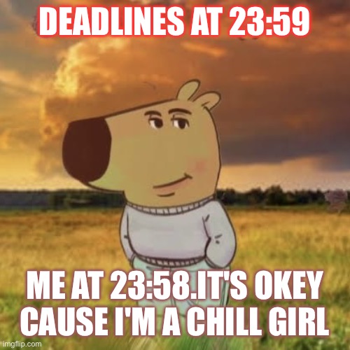 Chill guy | DEADLINES AT 23:59; ME AT 23:58.IT'S OKEY CAUSE I'M A CHILL GIRL | image tagged in chill guy | made w/ Imgflip meme maker