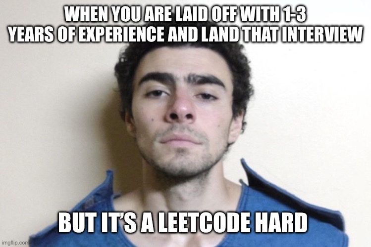 Luigi Mangione | WHEN YOU ARE LAID OFF WITH 1-3 YEARS OF EXPERIENCE AND LAND THAT INTERVIEW; BUT IT’S A LEETCODE HARD | image tagged in luigi mangione | made w/ Imgflip meme maker