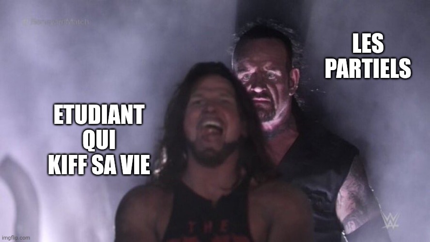 AJ Styles & Undertaker | LES PARTIELS; ETUDIANT QUI KIFF SA VIE | image tagged in aj styles undertaker | made w/ Imgflip meme maker