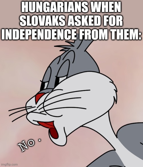 Hah! Imagine if they could see that in future we got independed! | HUNGARIANS WHEN SLOVAKS ASKED FOR INDEPENDENCE FROM THEM:; No. | image tagged in bugs bunny no,hungary | made w/ Imgflip meme maker