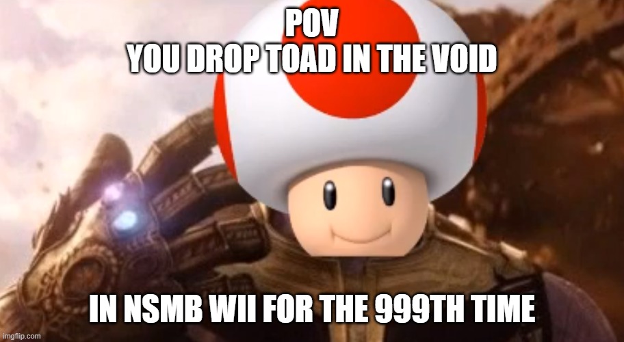 POV
YOU DROP TOAD IN THE VOID; IN NSMB WII FOR THE 999TH TIME | image tagged in fvt | made w/ Imgflip meme maker