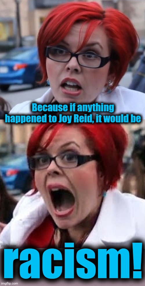 Big Red Feminist #2 | Because if anything happened to Joy Reid, it would be racism! | image tagged in big red feminist 2 | made w/ Imgflip meme maker