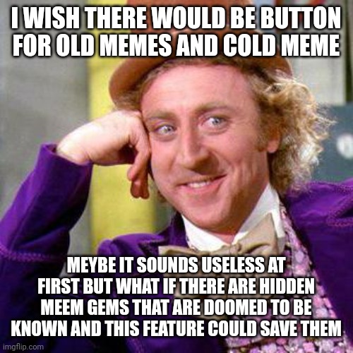 I would also want a button for lukewarm memes, most wieved memes, least wieved memes, randomly sorted memes... (The list goes on | I WISH THERE WOULD BE BUTTON FOR OLD MEMES AND COLD MEME; MEYBE IT SOUNDS USELESS AT FIRST BUT WHAT IF THERE ARE HIDDEN MEEM GEMS THAT ARE DOOMED TO BE KNOWN AND THIS FEATURE COULD SAVE THEM | image tagged in willy wonka blank | made w/ Imgflip meme maker