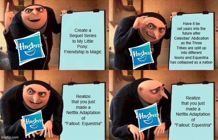 Hasbros' Plan for G5 | Have it be set years into the future after Celestias' Abdication as the Three Tribes are split up into different towns and Equestria has collapsed as a nation; Create a Sequel Series to My Little Pony: Friendship is Magic; Realize that you just made a Netflix Adaptation of "Fallout: Equestria"; Realize that you just made a Netflix Adaptation of "Fallout: Equestria" | image tagged in memes,gru's plan,my little pony friendship is magic,my little pony a new generation | made w/ Imgflip meme maker