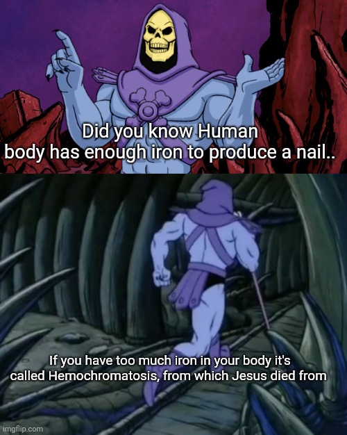 Skeletor until we meet again | Did you know Human body has enough iron to produce a nail.. If you have too much iron in your body it's called Hemochromatosis, from which Jesus died from | image tagged in skeletor until we meet again | made w/ Imgflip meme maker