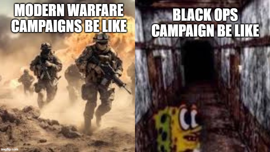 New person here :) | BLACK OPS CAMPAIGN BE LIKE; MODERN WARFARE CAMPAIGNS BE LIKE | image tagged in funny | made w/ Imgflip meme maker