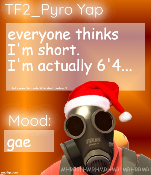 Festive TF2_Pyro Yap | everyone thinks I'm short. I'm actually 6'4... but i wanna be a cute little short femboy :3; gae | image tagged in festive tf2_pyro yap | made w/ Imgflip meme maker