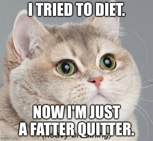 Heavy Breathing Cat Meme | I TRIED TO DIET. NOW I'M JUST A FATTER QUITTER. | image tagged in memes,heavy breathing cat | made w/ Imgflip meme maker