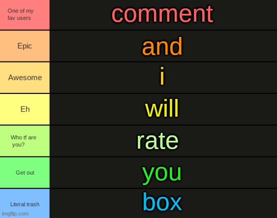 JPSpino's tier list | comment; and; i; will; rate; you; box | image tagged in jpspino's tier list | made w/ Imgflip meme maker