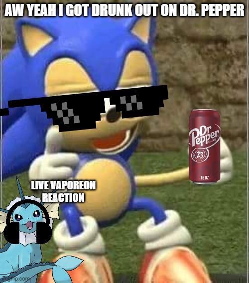 Me with dr. pepper | AW YEAH I GOT DRUNK OUT ON DR. PEPPER; LIVE VAPOREON REACTION | image tagged in drunk sonic | made w/ Imgflip meme maker