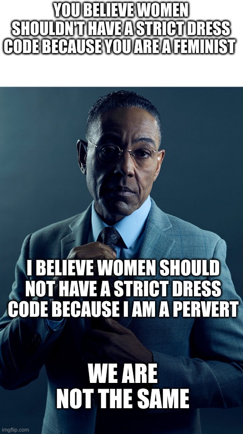 Gus Fring we are not the same | YOU BELIEVE WOMEN SHOULDN'T HAVE A STRICT DRESS CODE BECAUSE YOU ARE A FEMINIST; I BELIEVE WOMEN SHOULD NOT HAVE A STRICT DRESS CODE BECAUSE I AM A PERVERT; WE ARE NOT THE SAME | image tagged in gus fring we are not the same | made w/ Imgflip meme maker