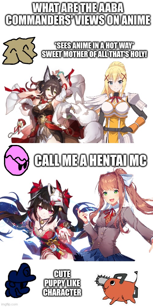 The AABA when it comes to anime | WHAT ARE THE AABA COMMANDERS' VIEWS ON ANIME; *SEES ANIME IN A HOT WAY* SWEET MOTHER OF ALL THAT'S HOLY! CALL ME A HENTAI MC; CUTE PUPPY LIKE CHARACTER | image tagged in anti alpha brainrot association,doki doki literature club,konosuba,honkai star rail,chainsaw man,hentai | made w/ Imgflip meme maker