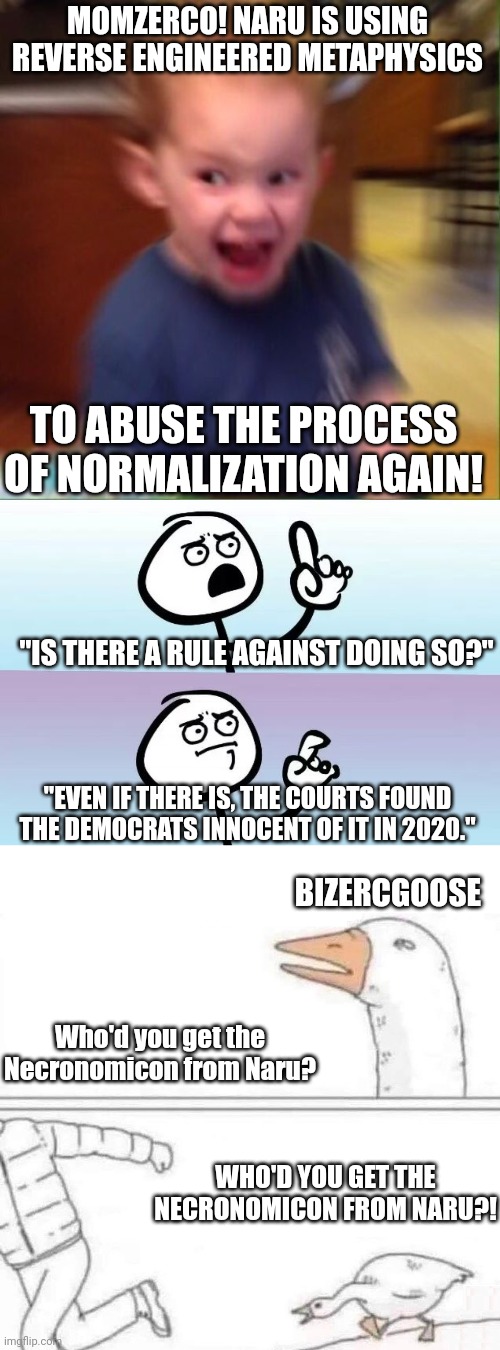 MOMZERCO! NARU IS USING REVERSE ENGINEERED METAPHYSICS; TO ABUSE THE PROCESS OF NORMALIZATION AGAIN! "IS THERE A RULE AGAINST DOING SO?"; "EVEN IF THERE IS, THE COURTS FOUND THE DEMOCRATS INNOCENT OF IT IN 2020."; BIZERCGOOSE; Who'd you get the Necronomicon from Naru? WHO'D YOU GET THE NECRONOMICON FROM NARU?! | image tagged in kid screaming,speechless stickman,goose chase | made w/ Imgflip meme maker