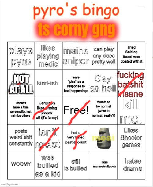 Pyro's bingo | NOT AT ALL | image tagged in pyro's bingo | made w/ Imgflip meme maker