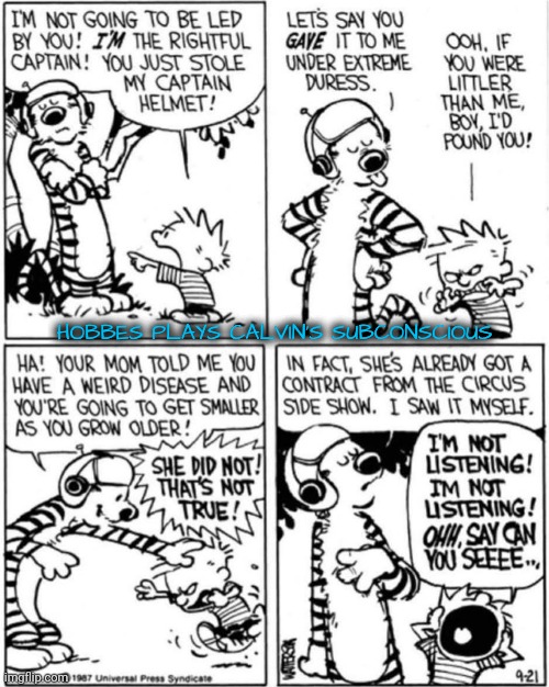 The Angst of the Subconscious | HOBBES PLAYS CALVIN'S SUBCONSCIOUS | image tagged in calvin and hobbes | made w/ Imgflip meme maker