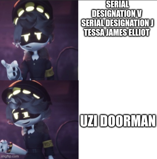 Why Do I do this | SERIAL DESIGNATION V 
 SERIAL DESIGNATION J 
TESSA JAMES ELLIOT; UZI DOORMAN | made w/ Imgflip meme maker