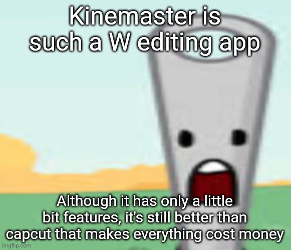 I saw ppl show their capcuts and literally every feature was pro | Kinemaster is such a W editing app; Although it has only a little bit features, it's still better than capcut that makes everything cost money | image tagged in needle | made w/ Imgflip meme maker