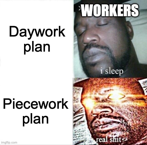 sntjnj | WORKERS; Daywork plan; Piecework plan | image tagged in memes,sleeping shaq | made w/ Imgflip meme maker