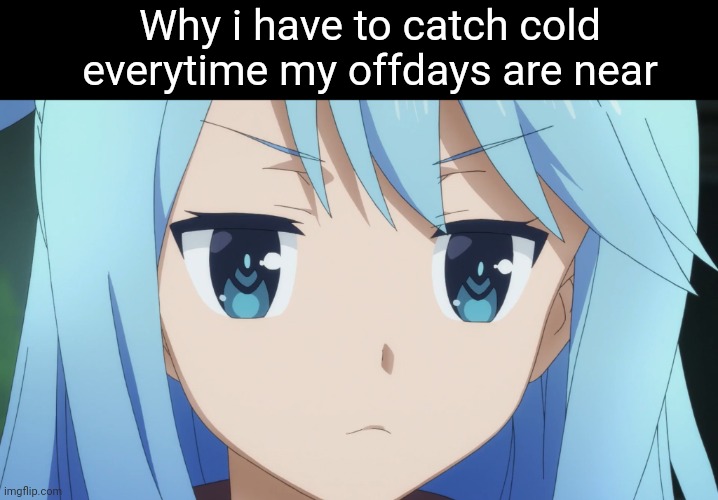 Unamused Aqua Template | Why i have to catch cold everytime my offdays are near | image tagged in unamused aqua template | made w/ Imgflip meme maker