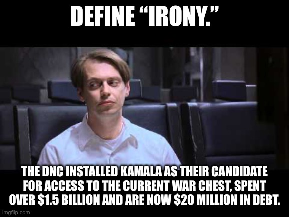 Define Irony | DEFINE “IRONY.”; THE DNC INSTALLED KAMALA AS THEIR CANDIDATE FOR ACCESS TO THE CURRENT WAR CHEST, SPENT OVER $1.5 BILLION AND ARE NOW $20 MILLION IN DEBT. | image tagged in define irony | made w/ Imgflip meme maker