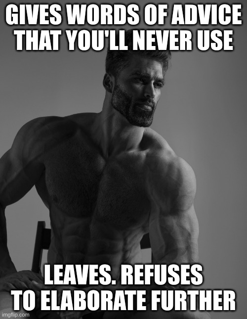 Giga Chad | GIVES WORDS OF ADVICE THAT YOU'LL NEVER USE; LEAVES. REFUSES TO ELABORATE FURTHER | image tagged in giga chad | made w/ Imgflip meme maker