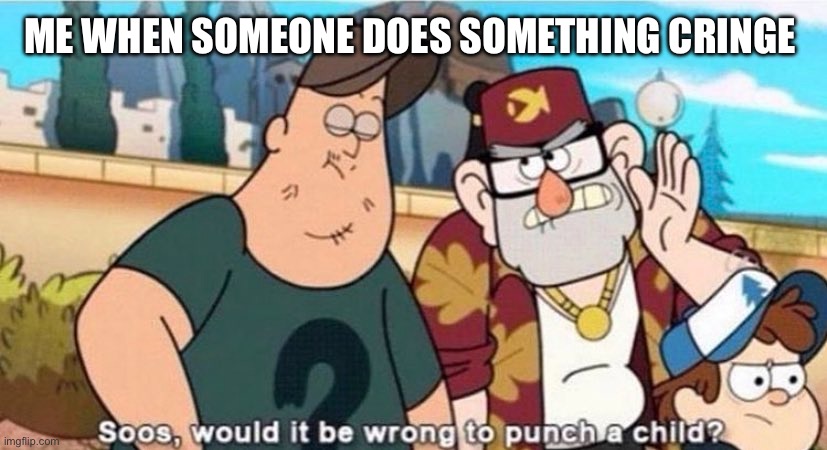 Soos, would it be wrong to punch a child? | ME WHEN SOMEONE DOES SOMETHING CRINGE | image tagged in soos would it be wrong to punch a child | made w/ Imgflip meme maker