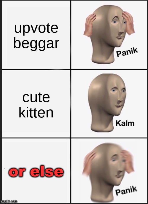 Panik Kalm Panik Meme | upvote beggar cute kitten or else | image tagged in memes,panik kalm panik | made w/ Imgflip meme maker