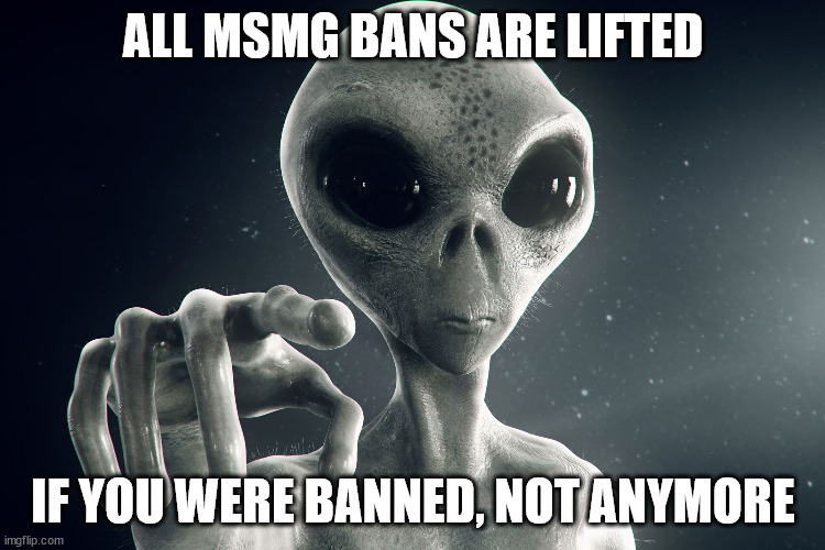 Alien Pointing | ALL MSMG BANS ARE LIFTED; IF YOU WERE BANNED, NOT ANYMORE | image tagged in alien pointing | made w/ Imgflip meme maker