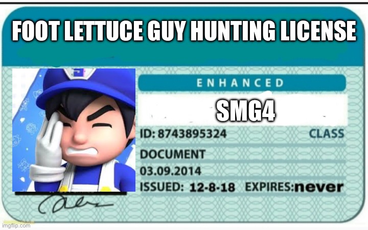 Blank Hunting License | FOOT LETTUCE GUY HUNTING LICENSE; SMG4 | image tagged in blank hunting license | made w/ Imgflip meme maker