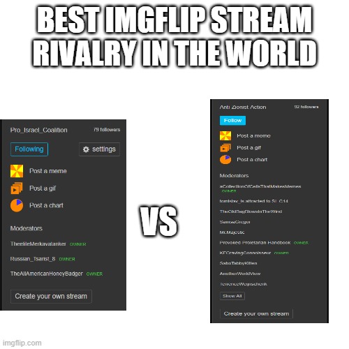 Best Imgflip rivalry in the world | BEST IMGFLIP STREAM RIVALRY IN THE WORLD; VS | image tagged in imgflip,rivalry | made w/ Imgflip meme maker