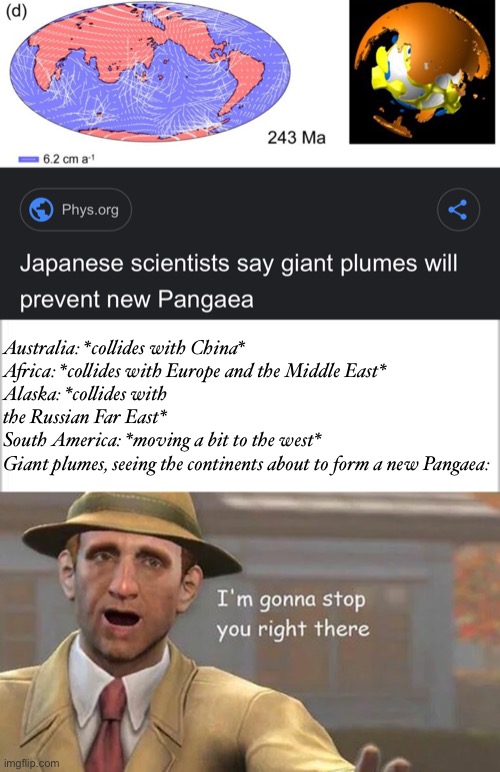 Australia: *collides with China*
Africa: *collides with Europe and the Middle East*
Alaska: *collides with the Russian Far East*
South America: *moving a bit to the west*
Giant plumes, seeing the continents about to form a new Pangaea: | image tagged in white background,i'm gonna stop you right there | made w/ Imgflip meme maker