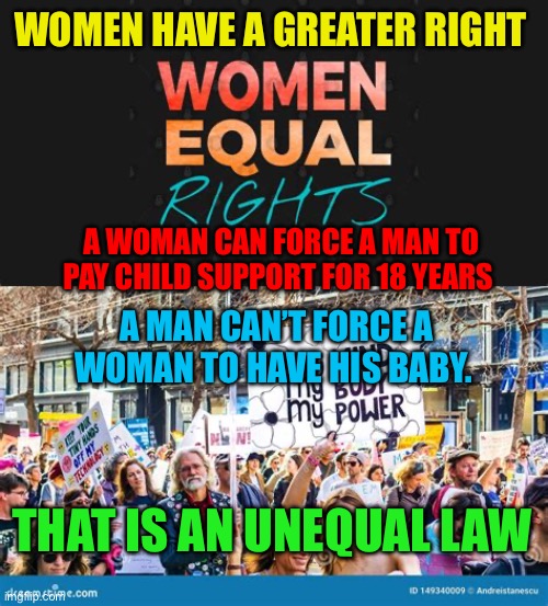 Does equal rights include men? | WOMEN HAVE A GREATER RIGHT; A WOMAN CAN FORCE A MAN TO PAY CHILD SUPPORT FOR 18 YEARS; A MAN CAN’T FORCE A WOMAN TO HAVE HIS BABY. THAT IS AN UNEQUAL LAW | image tagged in gifs,equal rights,women rights,men,abortion | made w/ Imgflip meme maker