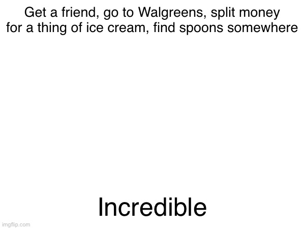Get a friend, go to Walgreens, split money for a thing of ice cream, find spoons somewhere; Incredible | made w/ Imgflip meme maker