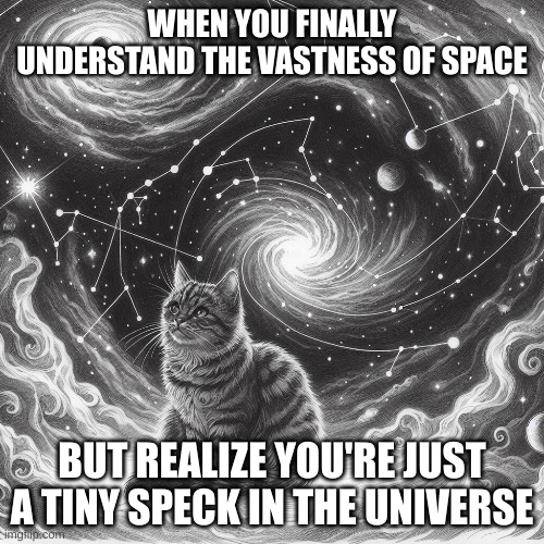 space cat | WHEN YOU FINALLY UNDERSTAND THE VASTNESS OF SPACE; BUT REALIZE YOU'RE JUST A TINY SPECK IN THE UNIVERSE | image tagged in cats | made w/ Imgflip meme maker