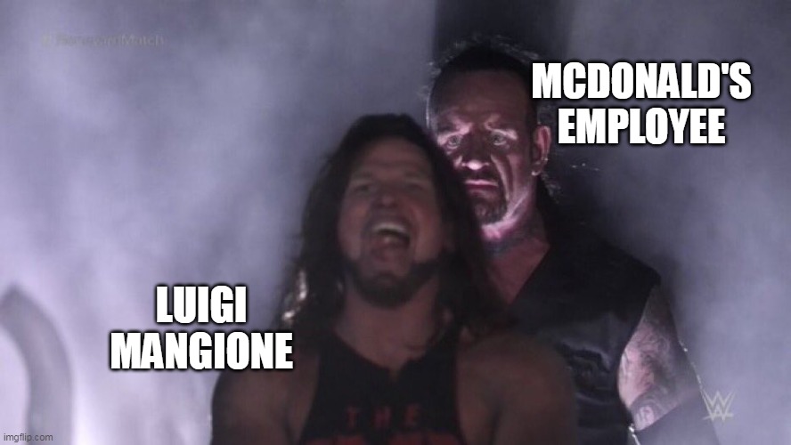 Mcdonald's employee vs luigi mangione | MCDONALD'S EMPLOYEE; LUIGI MANGIONE | image tagged in aj styles undertaker,mcdonalds,luigi mangione,snitch,shooting,healthcare | made w/ Imgflip meme maker