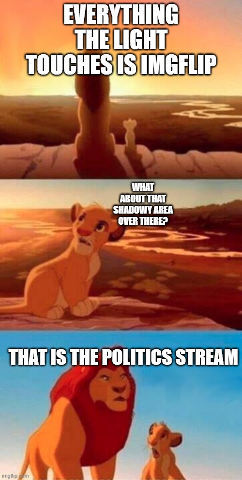 hehe | EVERYTHING THE LIGHT TOUCHES IS IMGFLIP; WHAT ABOUT THAT SHADOWY AREA OVER THERE? THAT IS THE POLITICS STREAM | image tagged in lion king | made w/ Imgflip meme maker