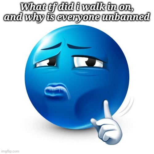 mewing blue emoji | What tf did i walk in on, and why is everyone unbanned | image tagged in mewing blue emoji | made w/ Imgflip meme maker