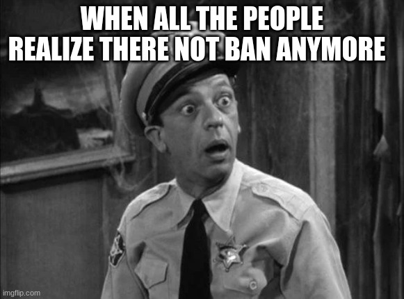 barney fife | WHEN ALL THE PEOPLE REALIZE THERE NOT BAN ANYMORE | image tagged in barney fife | made w/ Imgflip meme maker