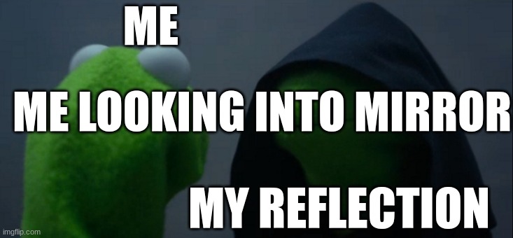 Evil Kermit | ME; ME LOOKING INTO MIRROR; MY REFLECTION | image tagged in memes,evil kermit | made w/ Imgflip meme maker