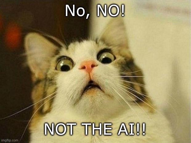 Scared Cat Meme | No, NO! NOT THE AI!! | image tagged in memes,scared cat | made w/ Imgflip meme maker