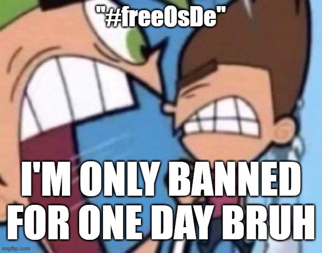 Cosmo yelling at timmy | "#freeOsDe"; I'M ONLY BANNED FOR ONE DAY BRUH | image tagged in cosmo yelling at timmy | made w/ Imgflip meme maker