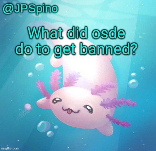 JPSpino's axolotl temp updated | What did osde do to get banned? | image tagged in jpspino's axolotl temp updated | made w/ Imgflip meme maker
