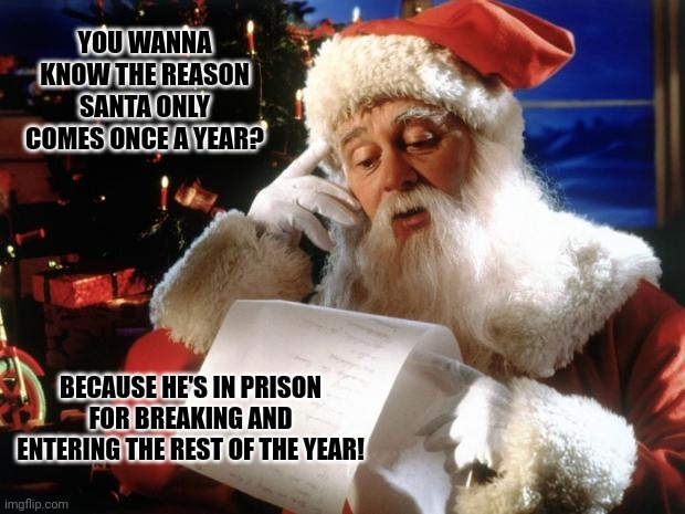 dear santa | YOU WANNA KNOW THE REASON SANTA ONLY COMES ONCE A YEAR? BECAUSE HE'S IN PRISON FOR BREAKING AND ENTERING THE REST OF THE YEAR! | image tagged in dear santa | made w/ Imgflip meme maker