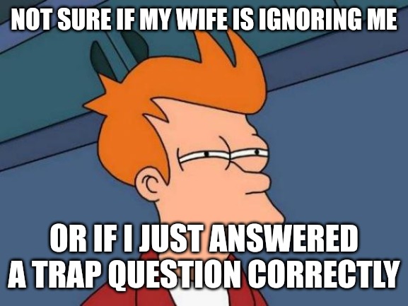 Futurama Fry | NOT SURE IF MY WIFE IS IGNORING ME; OR IF I JUST ANSWERED A TRAP QUESTION CORRECTLY | image tagged in memes,futurama fry | made w/ Imgflip meme maker