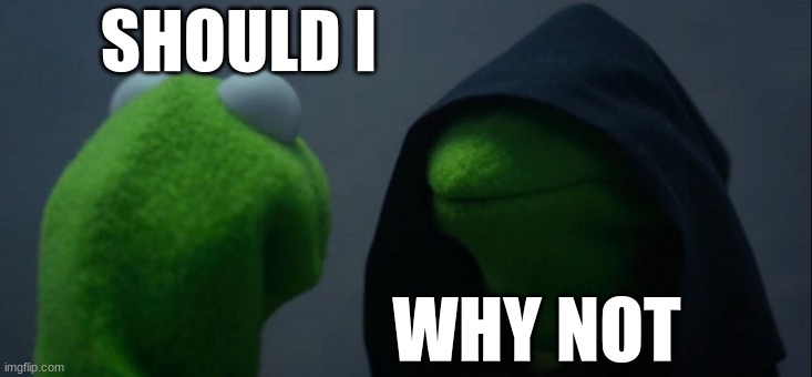 #waking up | SHOULD I; WHY NOT | image tagged in memes,evil kermit | made w/ Imgflip meme maker